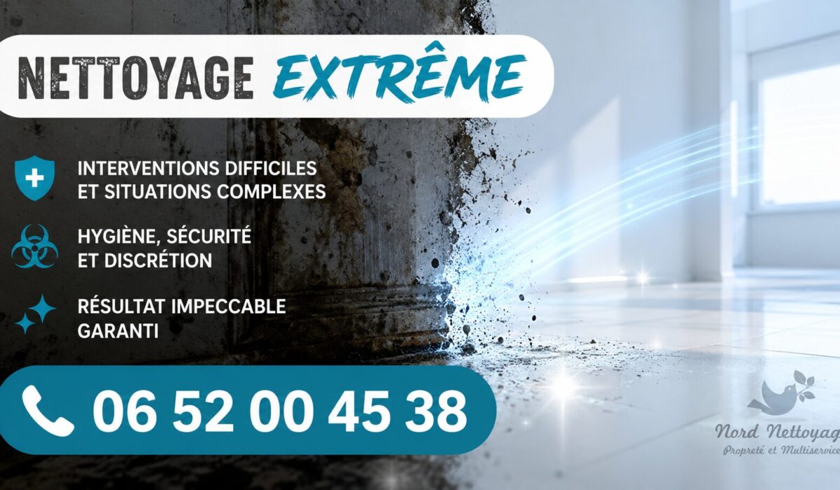 Visuel professionnel de nettoyage extrême à Marly-le-Roi avec intervention spécialisée, désinfection complète et numéro de contact Nord Nettoyage.