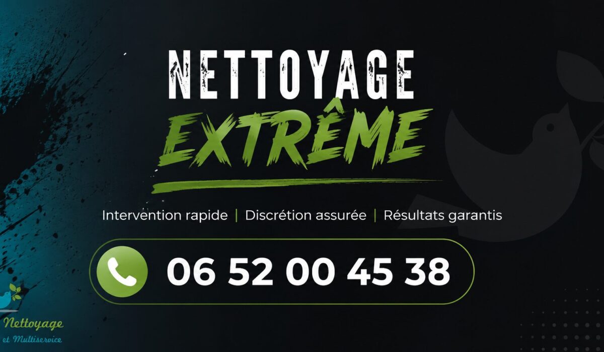 Visuel professionnel de nettoyage extrême à Mercurol avec numéro de téléphone 06 52 00 45 38, intervention après syndrome de Diogène, insalubrité, décès ou sinistre.