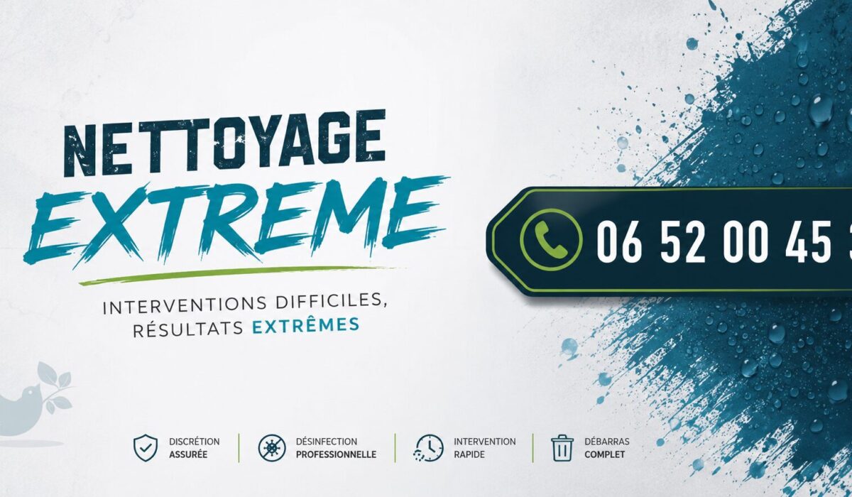 Bannière de nettoyage extrême à Moissy-Cramayel avec numéro 06 52 00 45 38, service de désinfection, débarras et remise en état de logements insalubres.