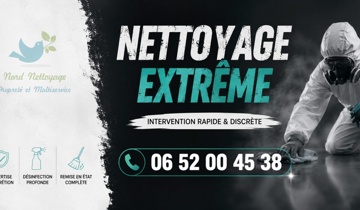 Visuel publicitaire de nettoyage extrême à Montigny-le-Bretonneux avec numéro de téléphone et intervention spécialisée pour logements insalubres.
