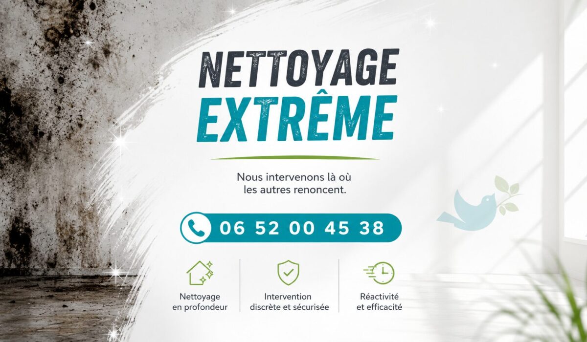 Visuel publicitaire de nettoyage extrême à Montsoult avec numéro de téléphone 06 52 00 45 38 et logo Nord Nettoyage intégré discrètement.