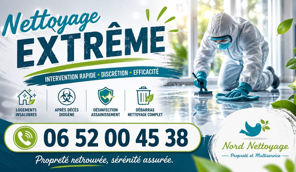 Équipe spécialisée en nettoyage extrême intervenant dans un logement fortement dégradé avec désinfection et remise en état complète.