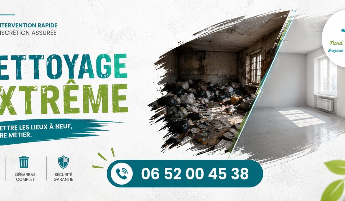 Intervention de nettoyage extrême avec remise en état complète, désinfection et débarras réalisés par Nord Nettoyage.