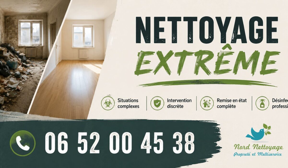 Avant/après d’un logement remis en état par une entreprise spécialisée en nettoyage extrême à Neuilly-Plaisance avec numéro de contact visible.