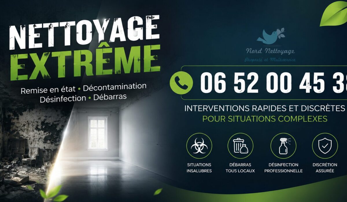 Visuel publicitaire de nettoyage extrême à Nieppe avec numéro de téléphone, remise en état après insalubrité, désinfection, débarras et intervention d'urgence.