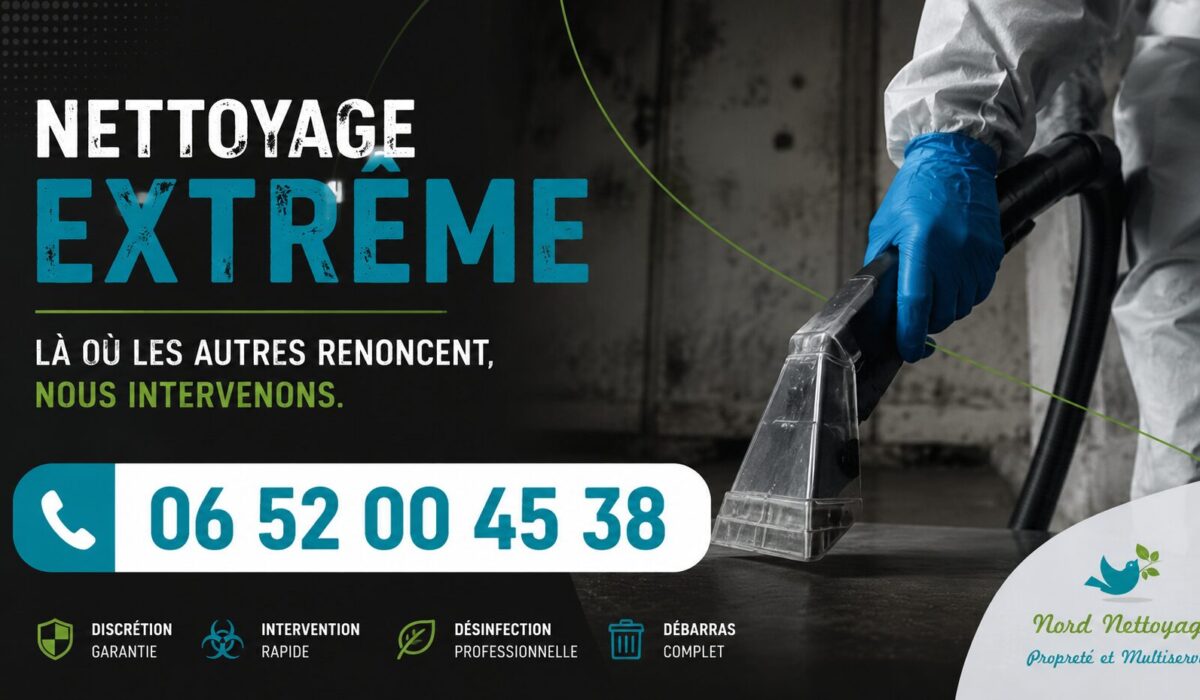 Technicien spécialisé en nettoyage extrême à Nogent-sur-Marne intervenant dans un logement insalubre avec matériel professionnel de désinfection et décontamination.