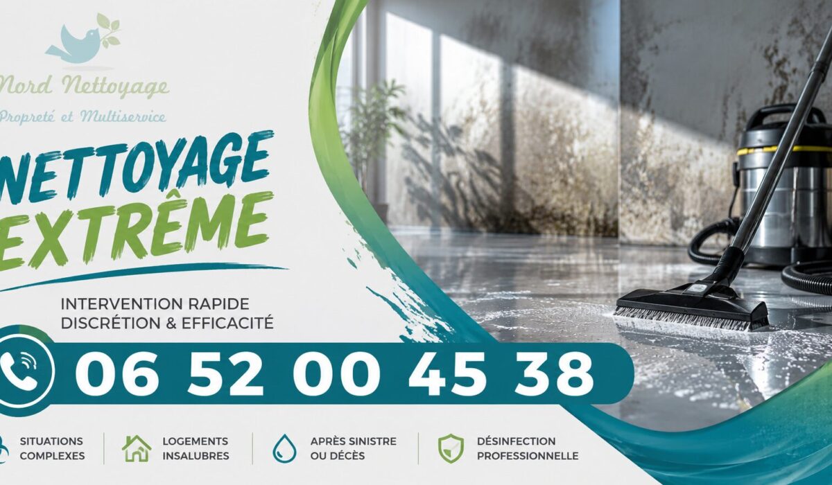Visuel publicitaire de nettoyage extrême à Palaiseau avec numéro de téléphone et services de désinfection, insalubrité et remise en état.