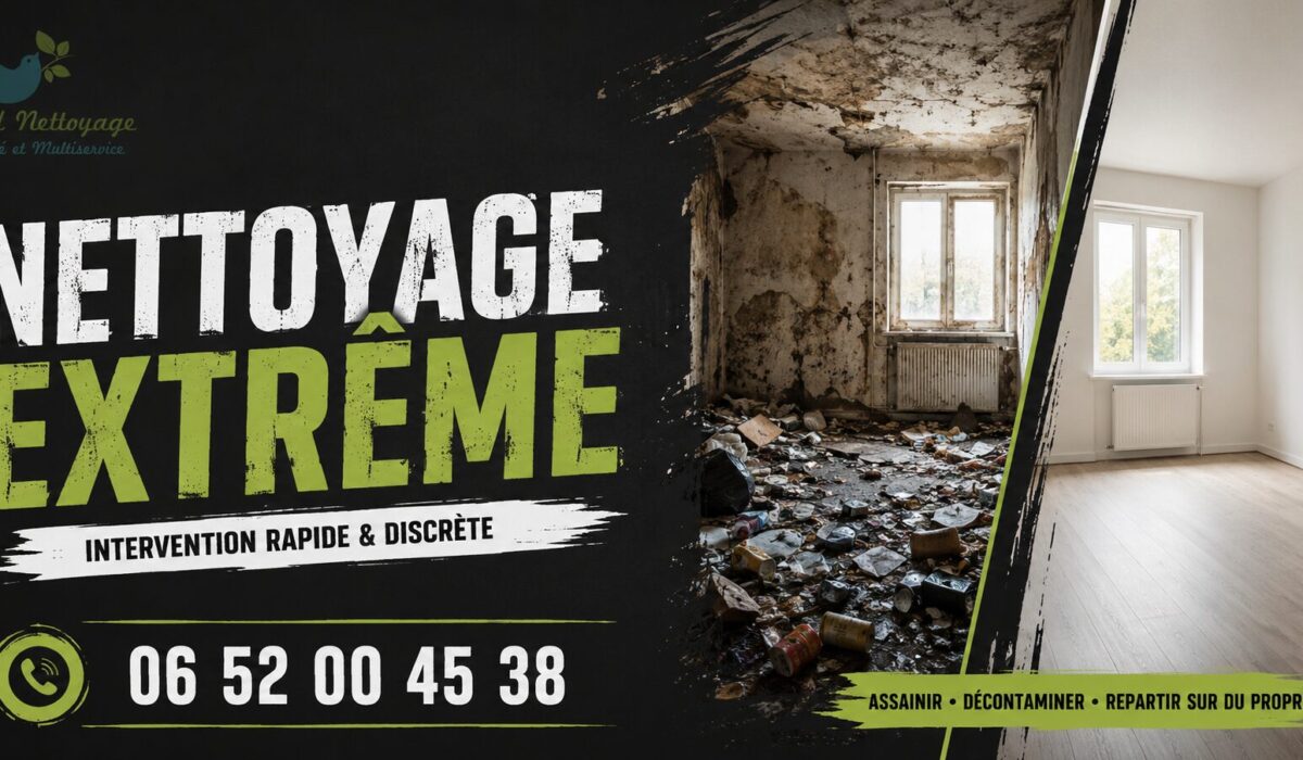 Avant/après d’un nettoyage extrême réalisé à Perreux en Auvergne-Rhône-Alpes avec remise en état complète d’un logement fortement dégradé.