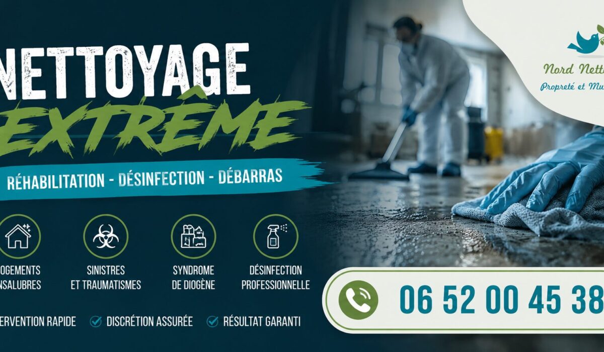 Nettoyage extrême à Peschadoires par Nord Nettoyage, intervention spécialisée pour logements insalubres, syndrome de Diogène, débarras et désinfection.