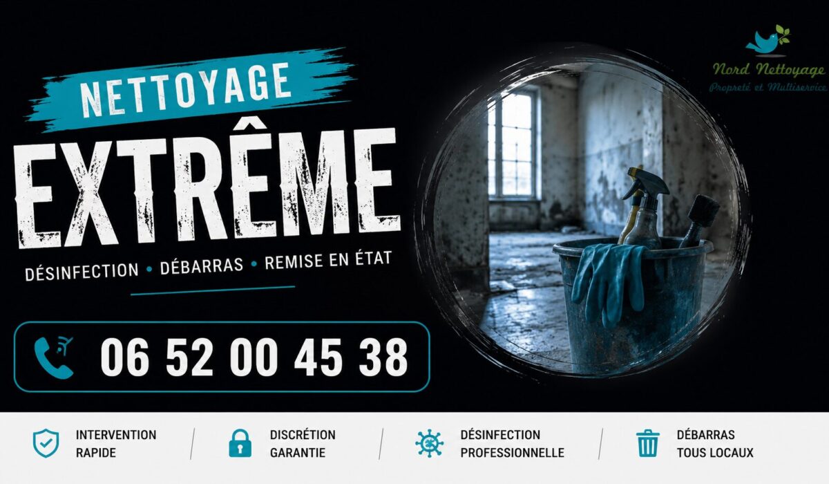Nettoyage extrême professionnel avec désinfection, débarras et remise en état rapide par Nord Nettoyage.