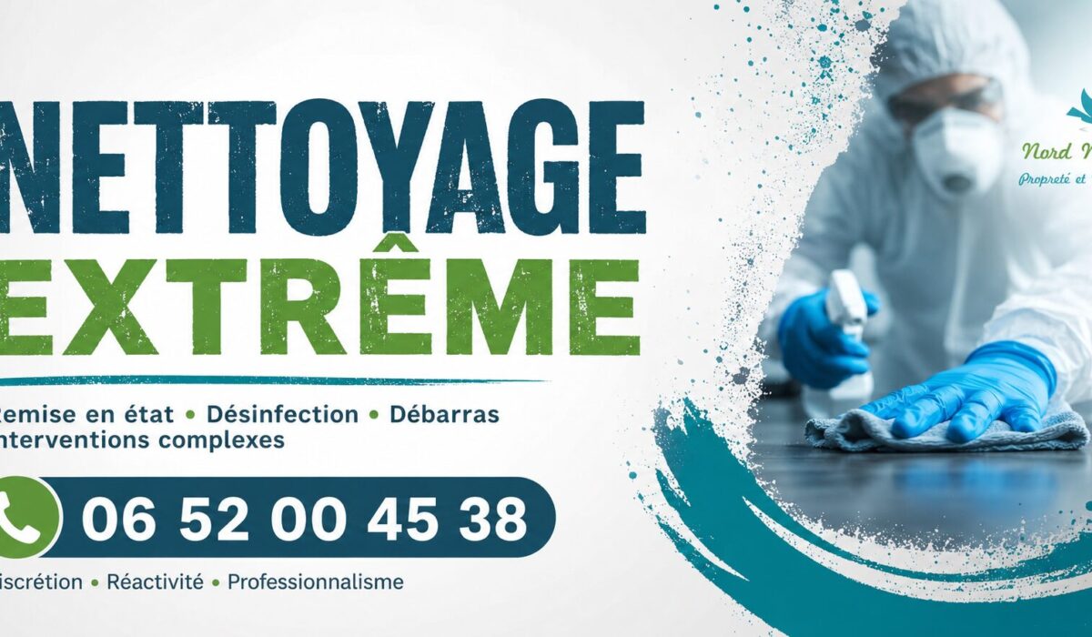 Visuel promotionnel de nettoyage extrême à Prémilhat avec numéro de téléphone 06 52 00 45 38 et logo Nord Nettoyage.