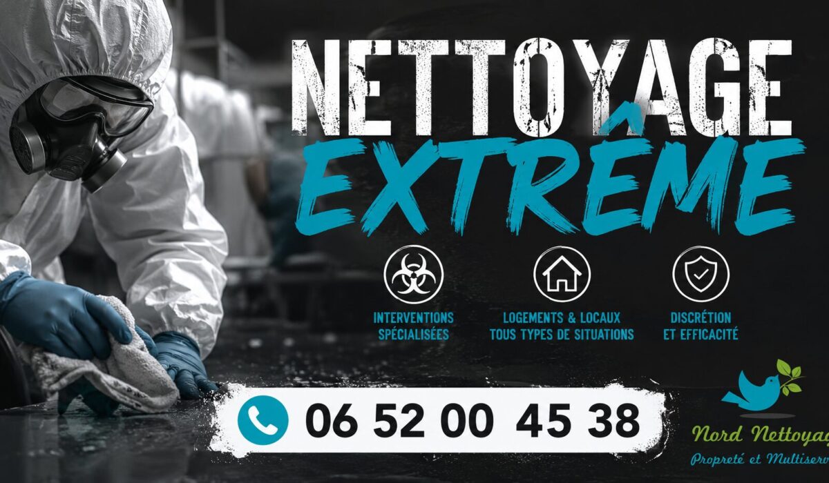 Visuel publicitaire de nettoyage extrême à Ris-Orangis avec numéro d’intervention rapide 06 52 00 45 38 et logo Nord Nettoyage intégré discrètement.