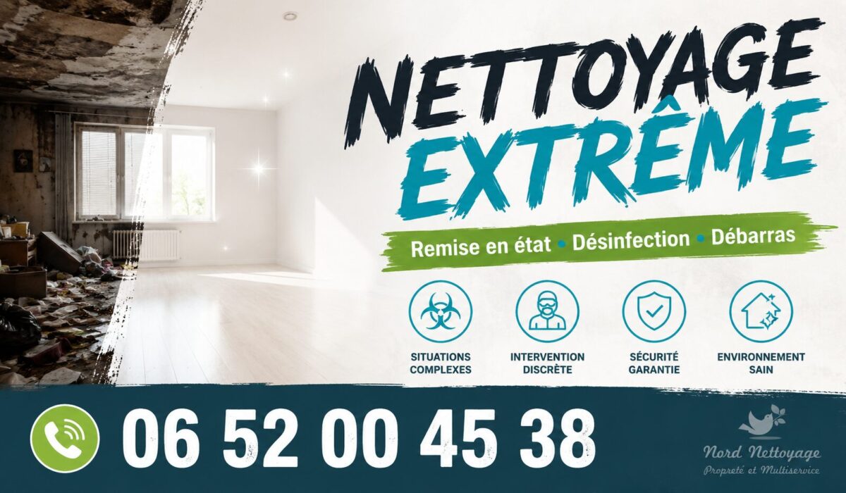 Visuel horizontal de nettoyage extrême à La Roche-Blanche avec numéro de téléphone 06 52 00 45 38 et logo discret de Nord Nettoyage.