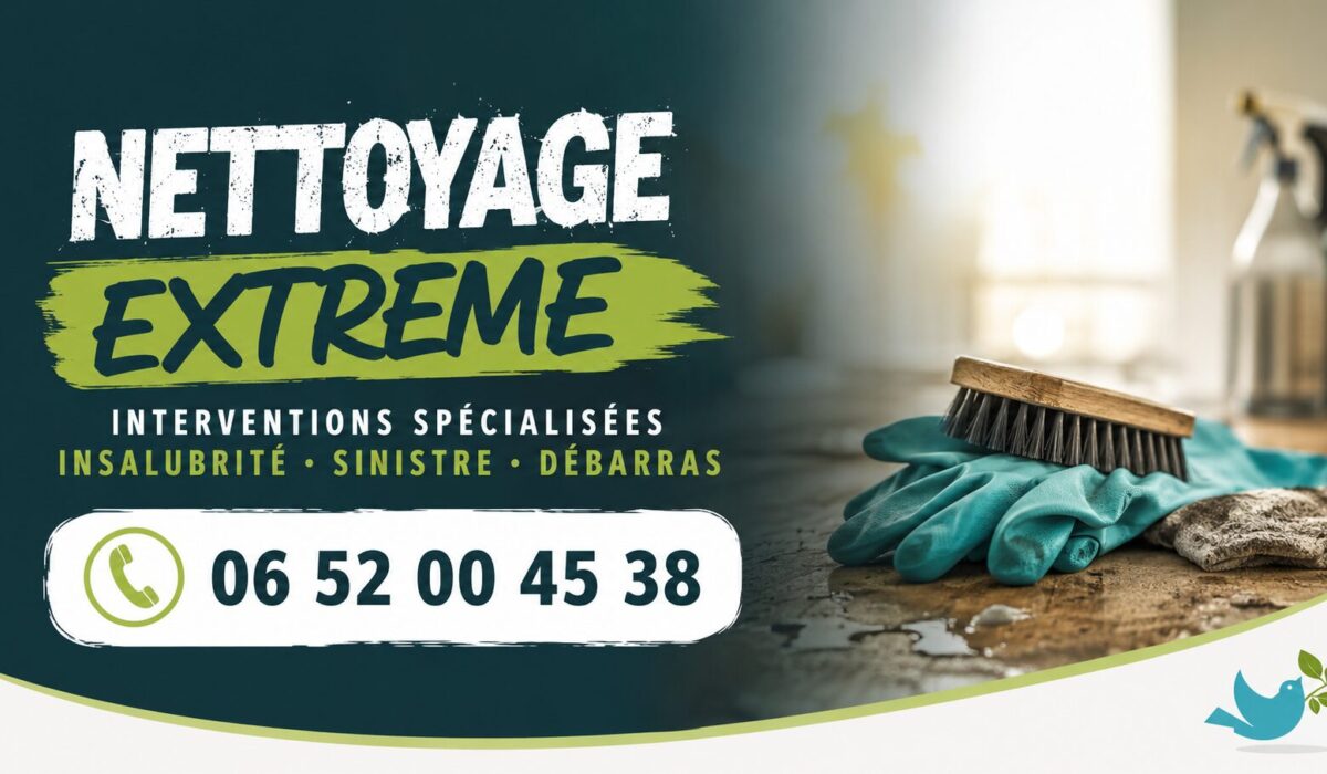 Bannière publicitaire de nettoyage extrême à Saint-Beauzire avec le numéro 06 52 00 45 38, services de débarras, désinfection et remise en état.
