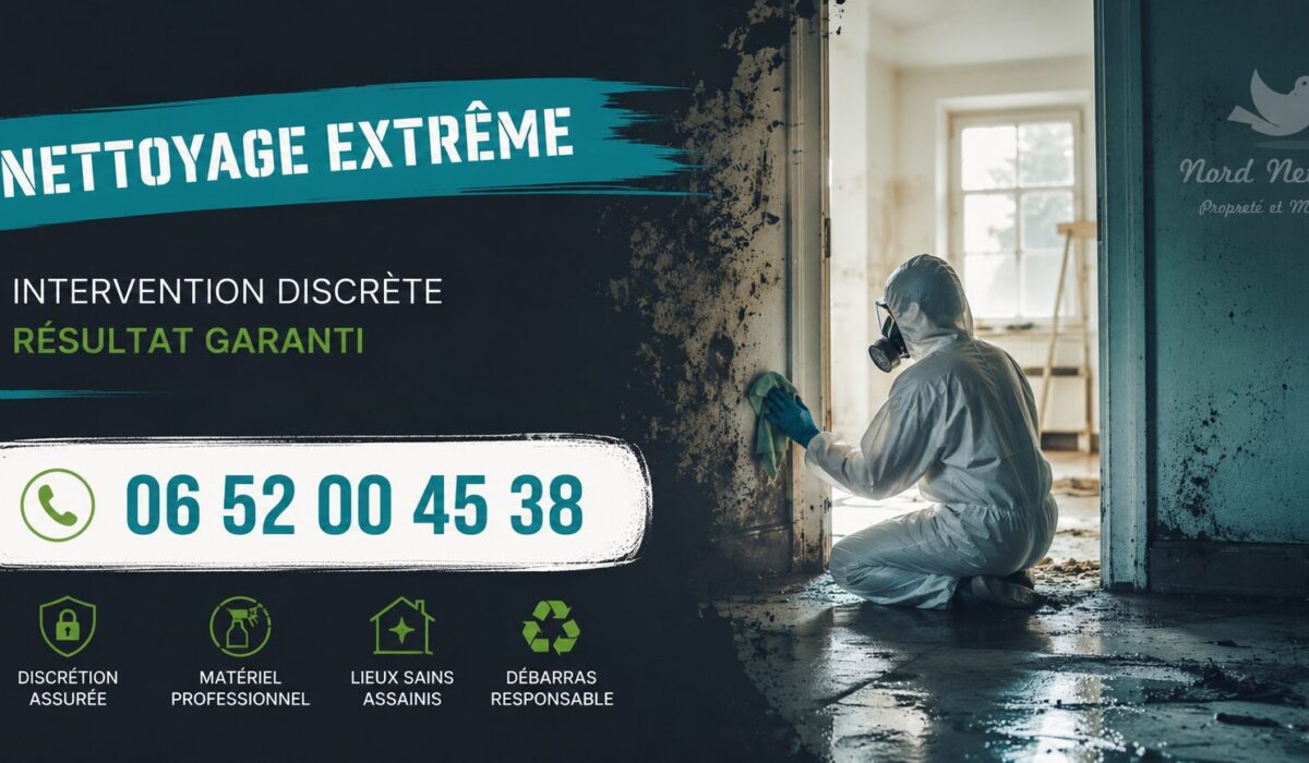 Équipe spécialisée en nettoyage extrême à Saint-Félix intervenant dans un logement insalubre avec matériel professionnel et désinfection complète.
