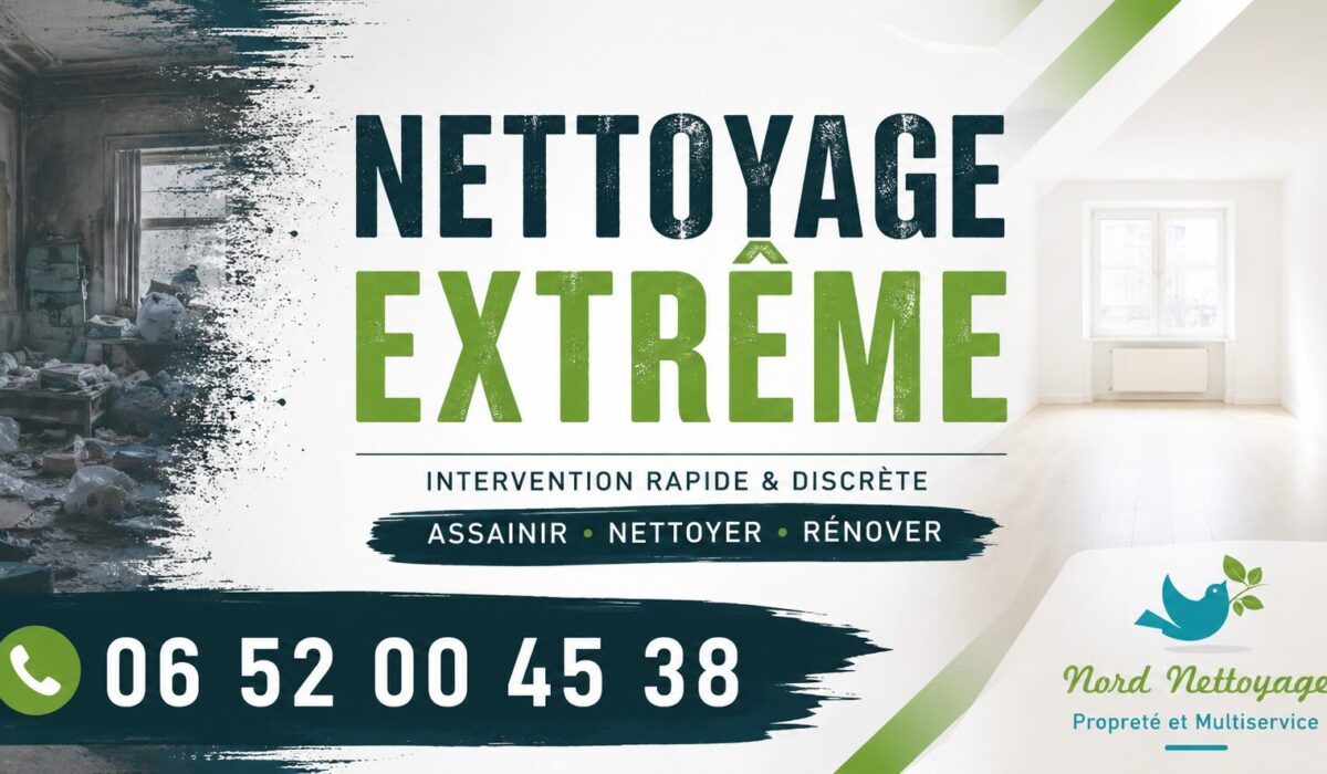 Visuel promotionnel de nettoyage extrême à Saint-Geoire-en-Valdaine avec numéro de téléphone et intervention rapide pour logements insalubres, syndrome de Diogène et remise en état.