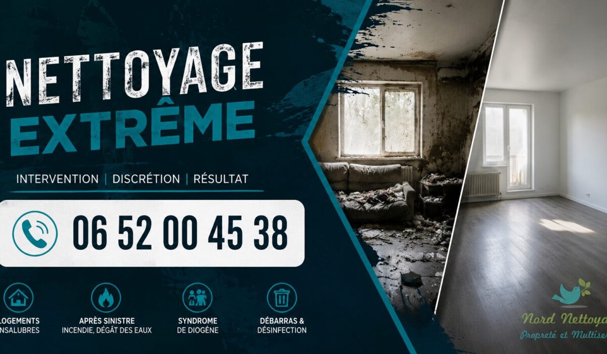 Illustration horizontale du service de nettoyage extrême à Saint-Jean-de-Moirans avec numéro de téléphone, spécialisée dans le nettoyage après sinistre, syndrome de Diogène et logements insalubres.