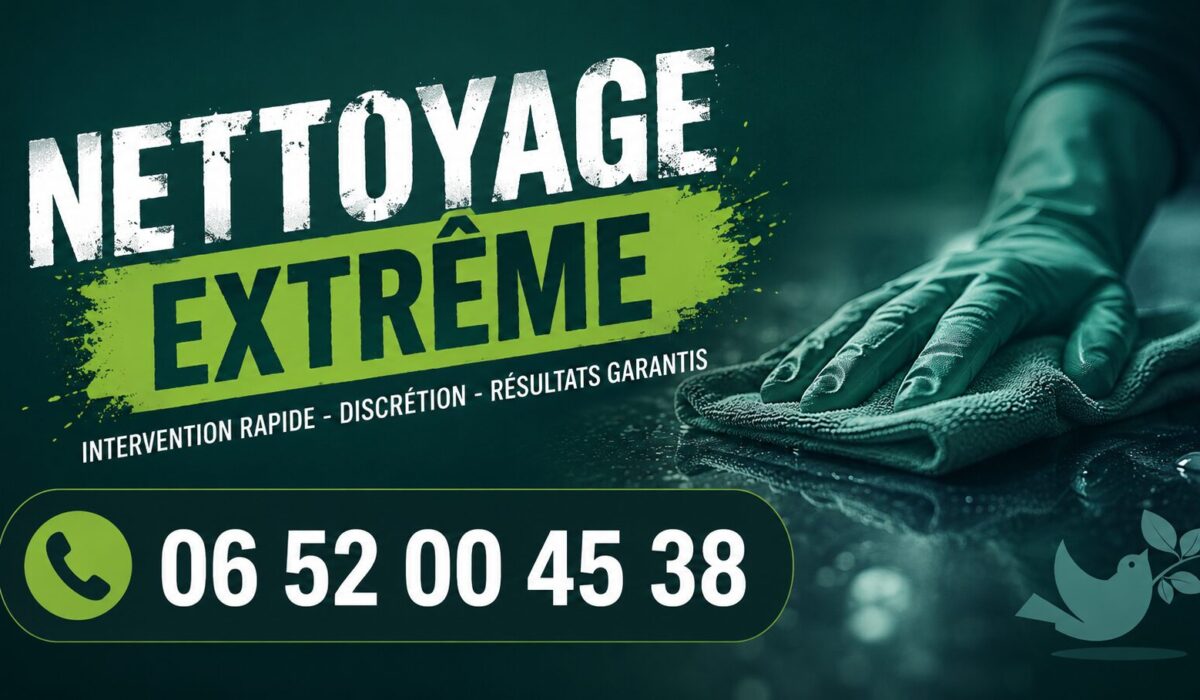 Visuel publicitaire de nettoyage extrême à Saint-Mammès avec numéro de téléphone 06 52 00 45 38, intervention rapide, désinfection et remise en état de logements insalubres.