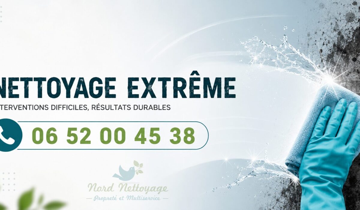 Visuel promotionnel de nettoyage extrême à Saint-Pal-de-Mons avec numéro de téléphone 06 52 00 45 38 et logo Nord Nettoyage en filigrane.