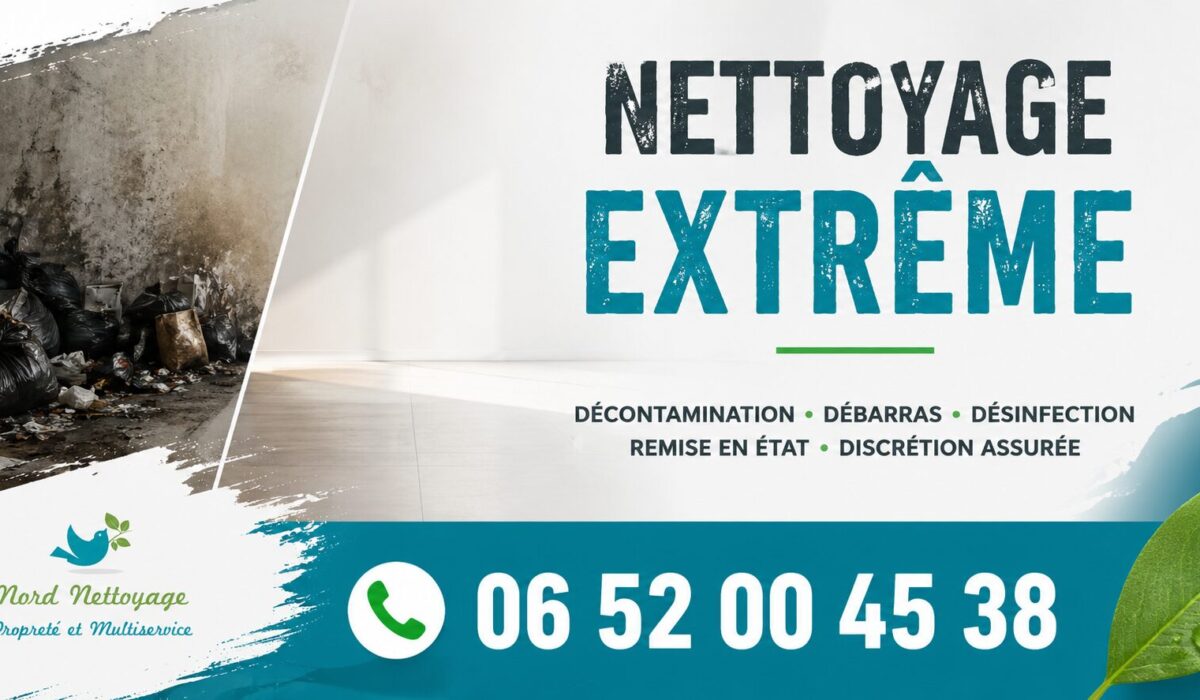 Visuel publicitaire de nettoyage extrême à Sainte-Geneviève-des-Bois avec intervention professionnelle, remise en état après insalubrité, syndrome de Diogène et sinistre.