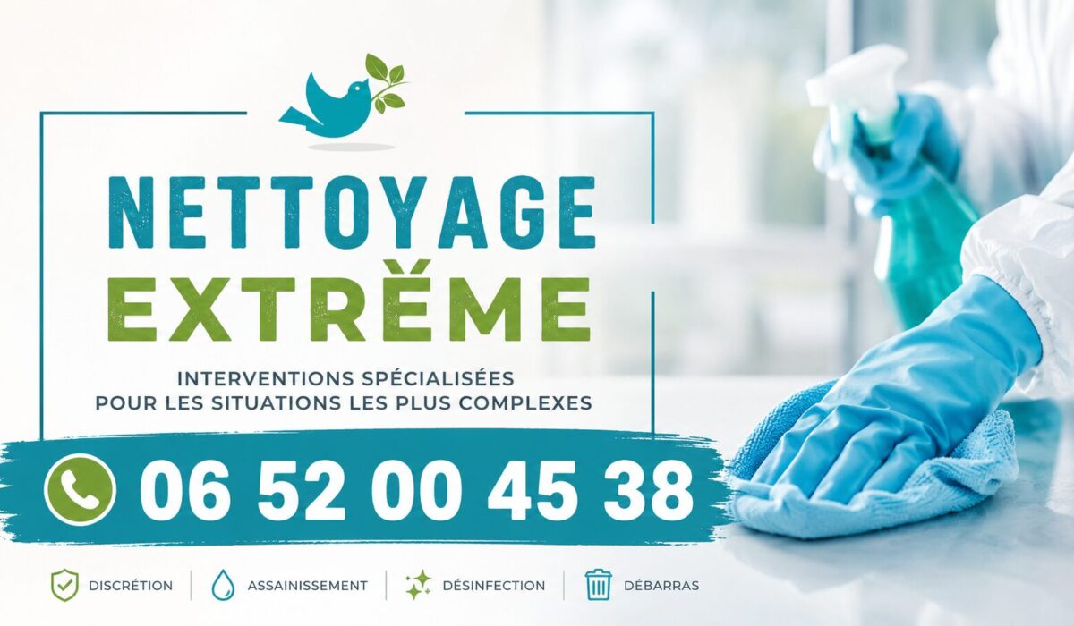 Visuel promotionnel de nettoyage extrême à Savigny-le-Temple avec numéro de téléphone 06 52 00 45 38 et intervention spécialisée pour logements insalubres et situations complexes.
