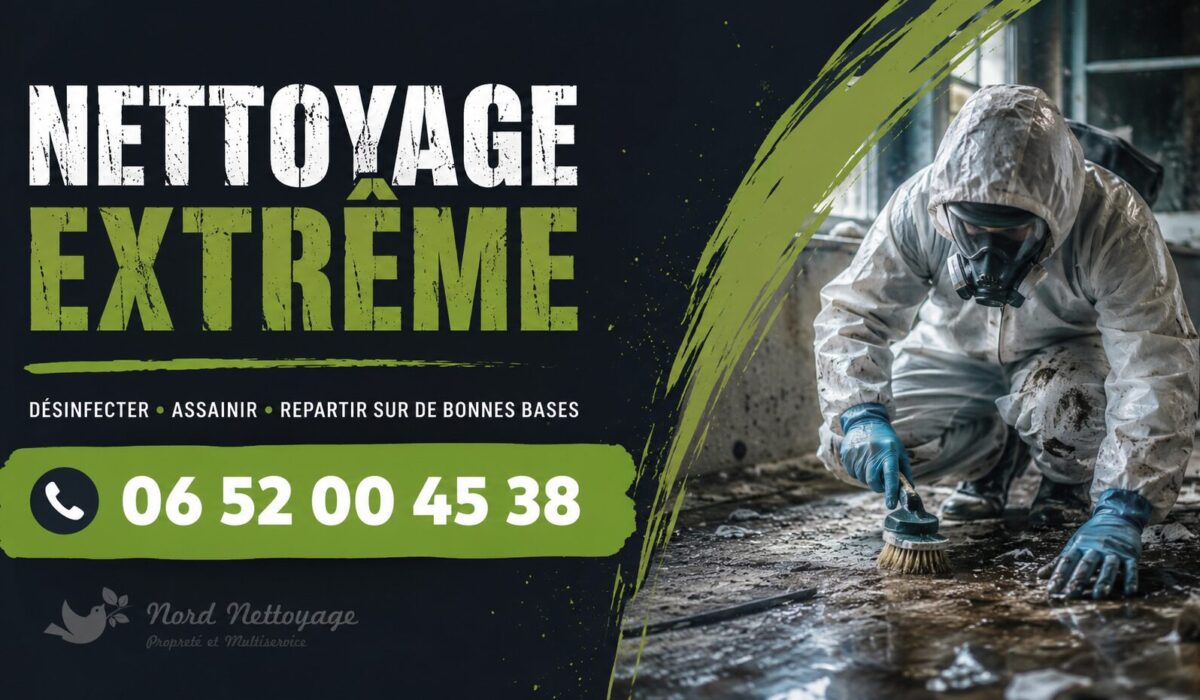 Équipe spécialisée en nettoyage extrême à Tignes intervenant dans un logement très dégradé pour une remise en état complète.
