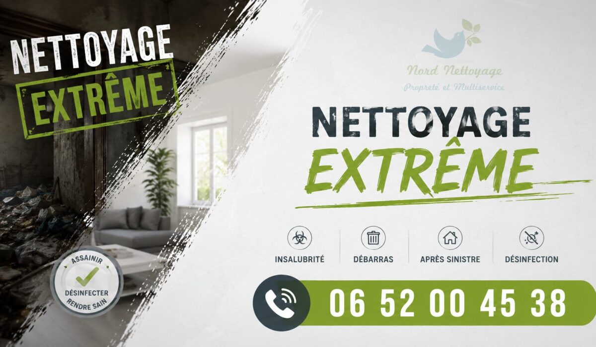Illustration horizontale de nettoyage extrême avec intérieur avant/après, logo Nord Nettoyage discret et numéro 06 52 00 45 38.