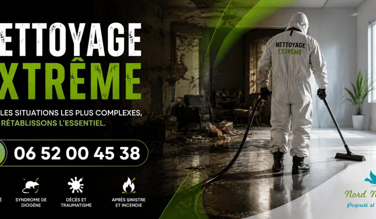 Visuel publicitaire de nettoyage extrême à Tremblay-en-France avec numéro de téléphone 06 52 00 45 38 et services de désinfection, débarras et remise en état.