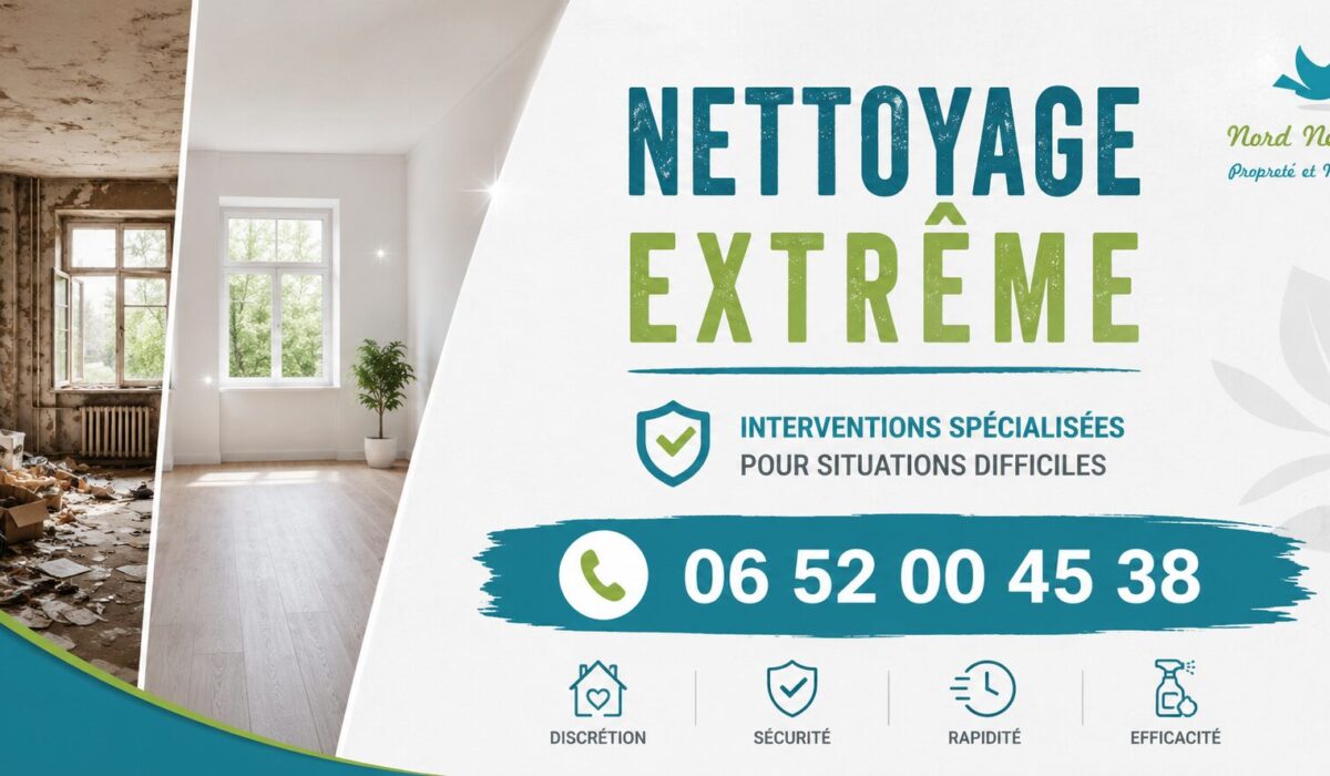 Affiche de nettoyage extrême à Vigneux-sur-Seine avec numéro de téléphone et intervention spécialisée pour logements insalubres, syndrome de Diogène et après sinistre.