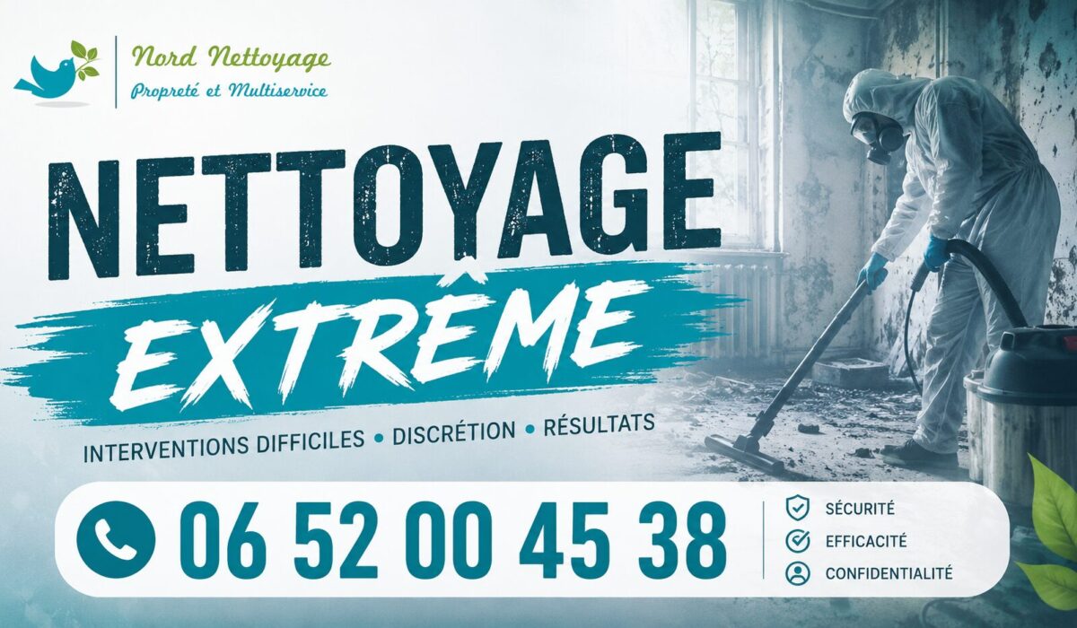 Visuel publicitaire de nettoyage extrême à Villeneuve-Saint-Georges avec numéro de téléphone 06 52 00 45 38 et logo Nord Nettoyage.