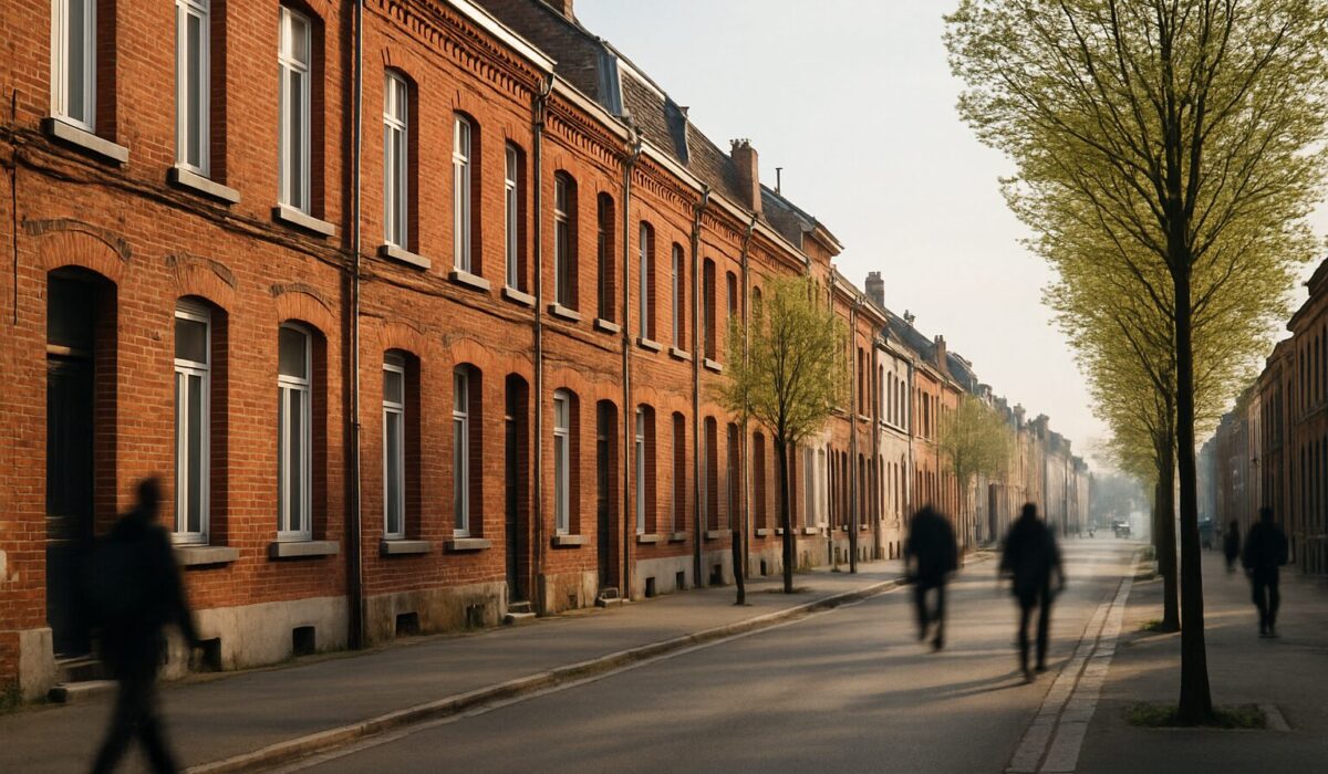 Rue de Roubaix avec façades en briques rouges et passants flous.