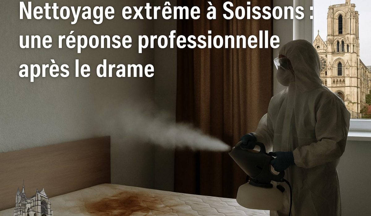 Technicien de NORD NETTOYAGE effectuant une désinfection extrême après un décès dans une chambre à Soissons, avec matelas taché visible