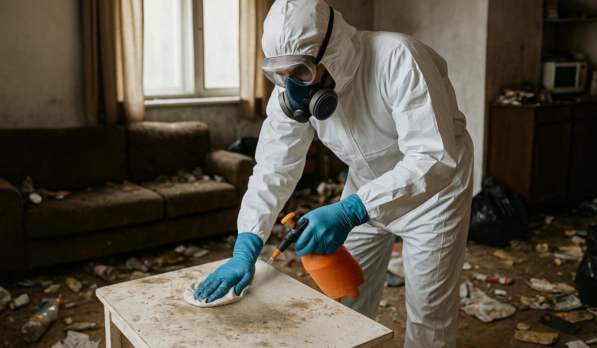 Technicien NORD NETTOYAGE en combinaison intégrale désinfectant un salon insalubre à Sotteville-lès-Rouen