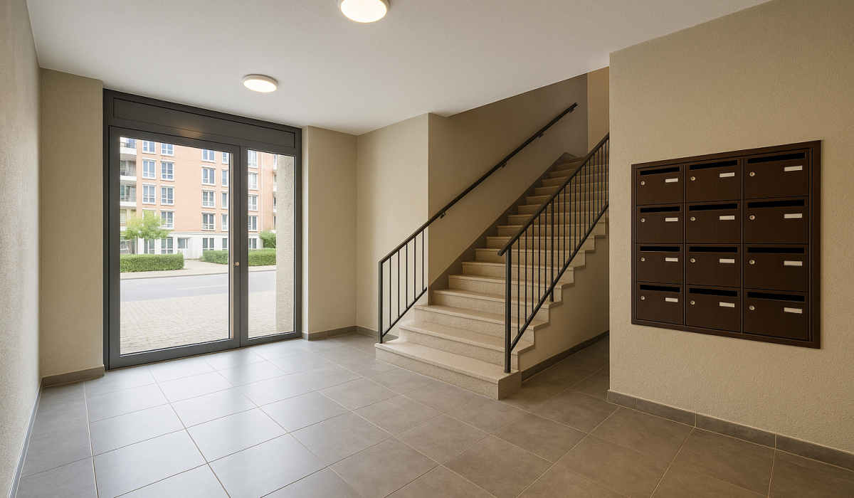 Hall d’immeuble propre à Lille avec boîtes aux lettres et escalier nettoyé
