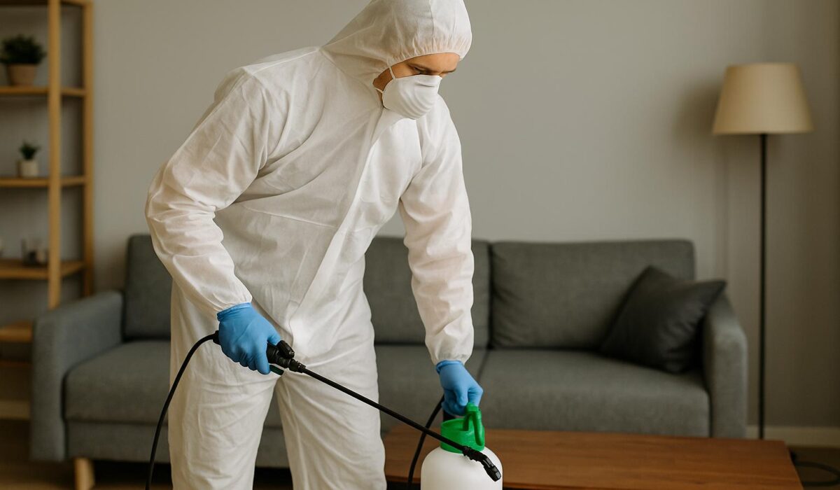 Agent NORD NETTOYAGE désinfectant une table basse dans un salon à Alençon après un décès