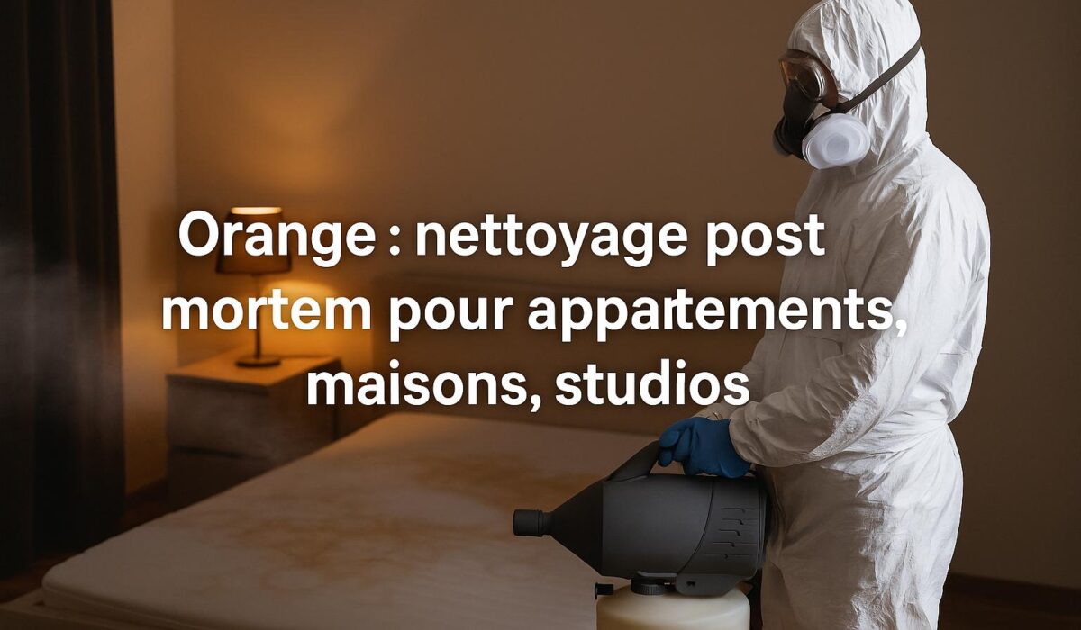 Technicien effectuant un nettoyage post mortem à Orange dans un studio avec matelas taché, traitement désinfectant en cours