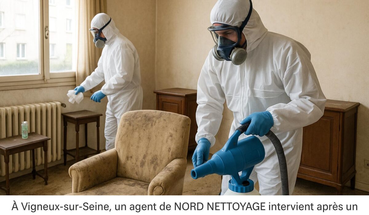 Techniciens NORD NETTOYAGE nettoyant un appartement après un décès à Vigneux-sur-Seine, vêtus d’équipements de protection