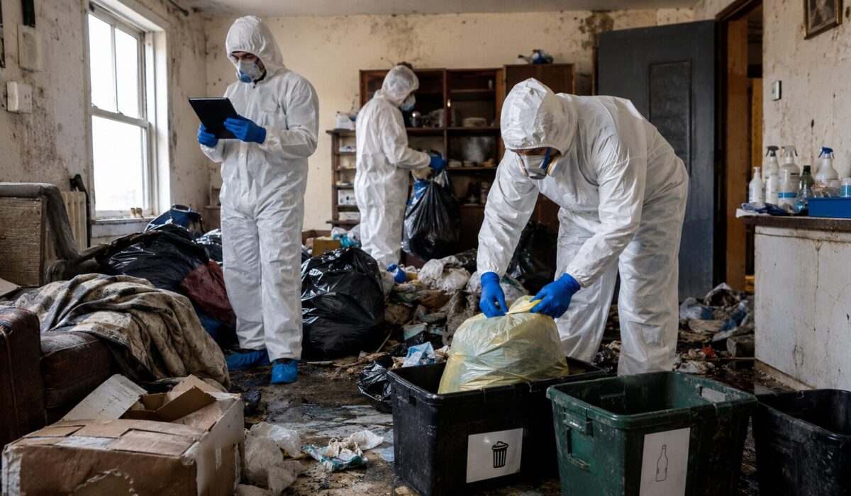 Équipe professionnelle de nettoyage extrême en combinaison de protection triant des déchets dans un logement insalubre avec suivi des protocoles et traçabilité.