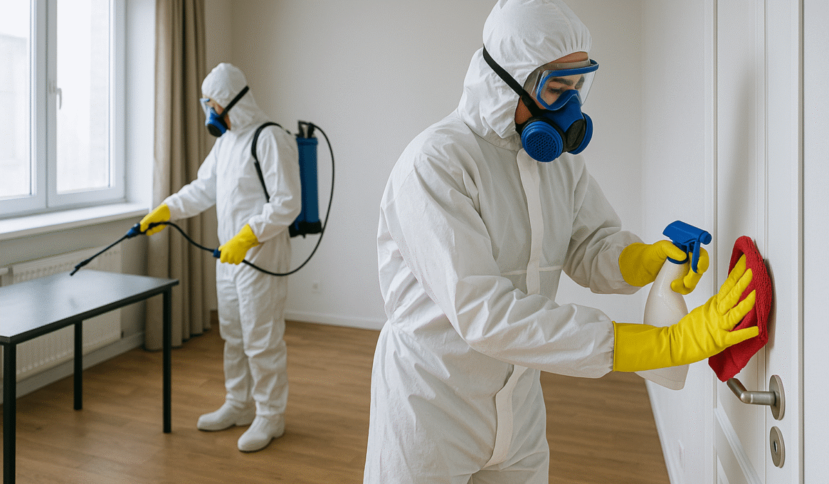 Nettoyage après décès à Rouen – Équipe NORD NETTOYAGE en intervention avec équipements de protection