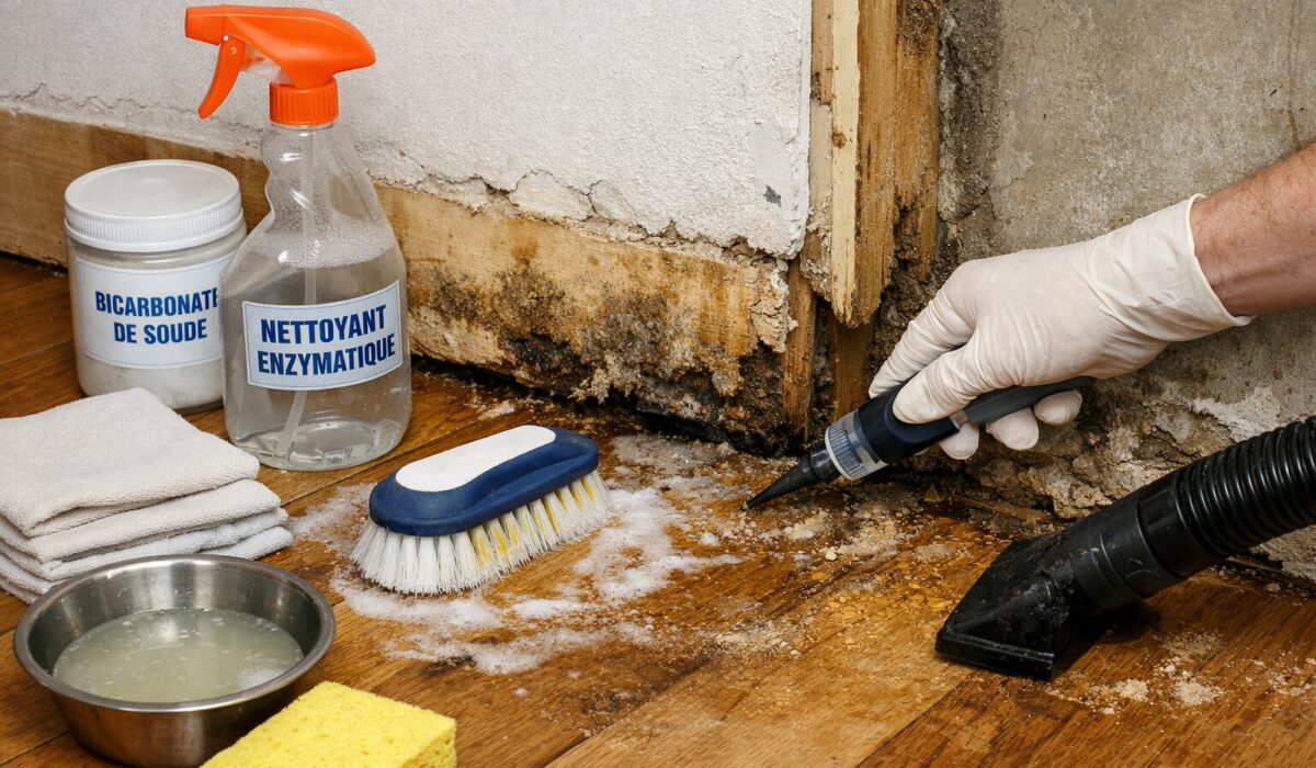 Nettoyage ultra réaliste d’un sol imbibé d’urine animale sous parquet avec intervention près des plinthes et cloisons