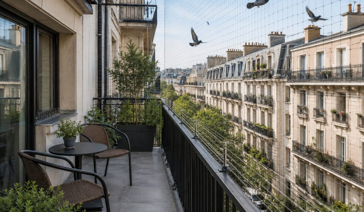 Balcon urbain protégé par un filet discret et des dispositifs silencieux pour empêcher le retour des pigeons sans gêner le voisinage