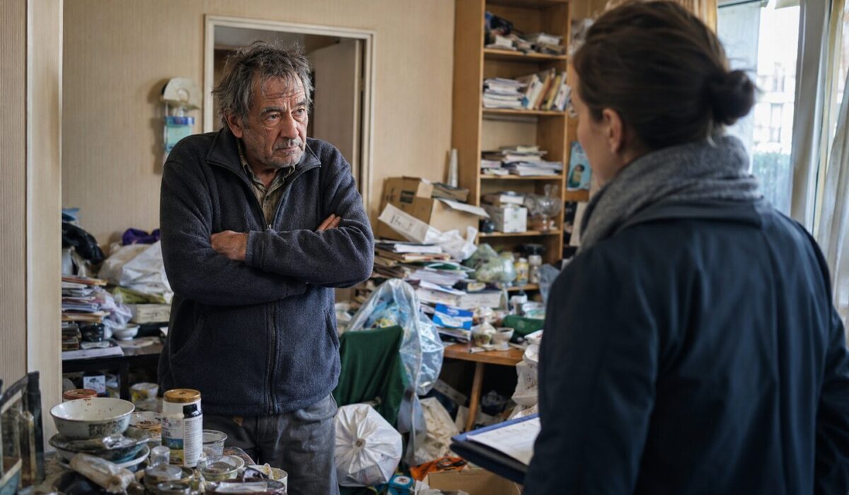 Patient opposant atteint du syndrome de Diogène échangeant avec une professionnelle dans un logement encombré