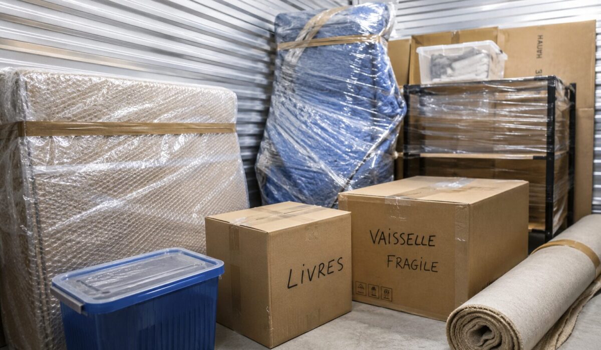 Objets emballés et cartons étiquetés dans un garde-meuble propre pour un stockage temporaire sans contamination