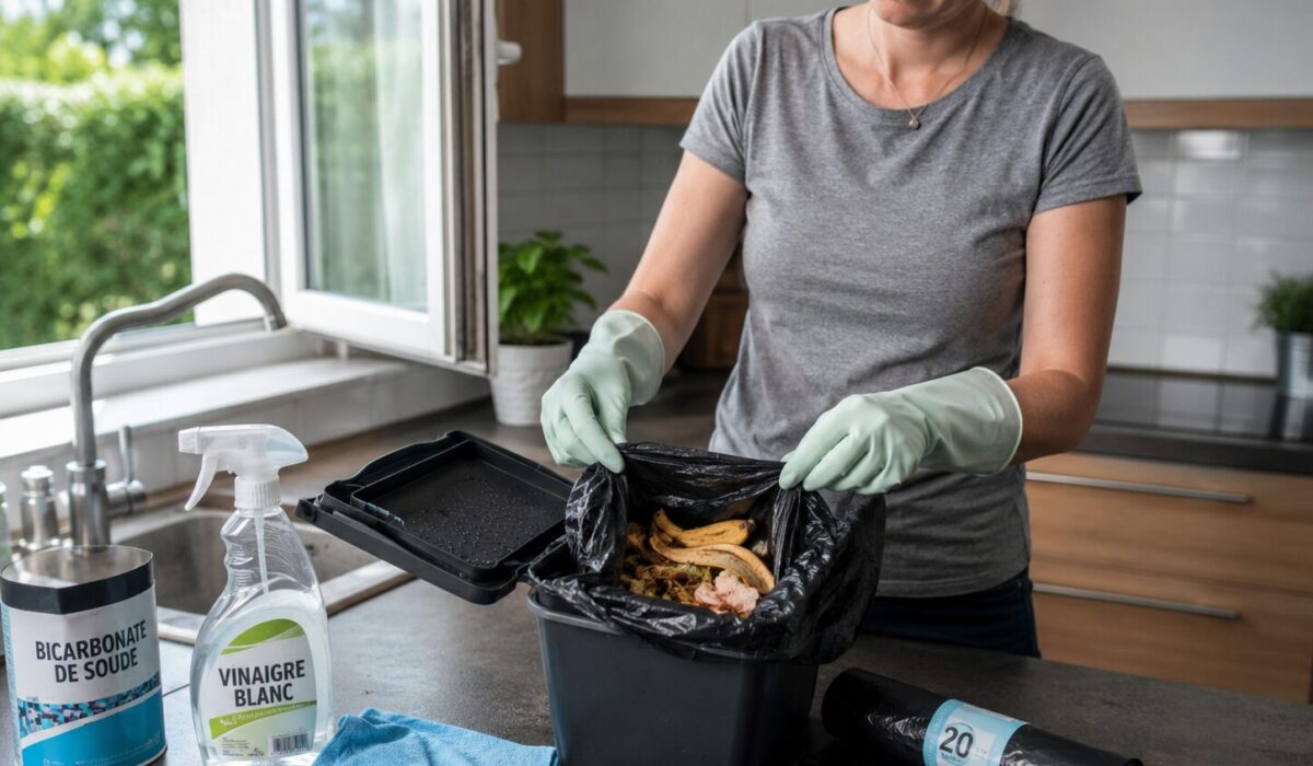 Personne portant des gants nettoyant une poubelle de cuisine contenant des déchets organiques anciens pour éliminer une odeur de putréfaction légère