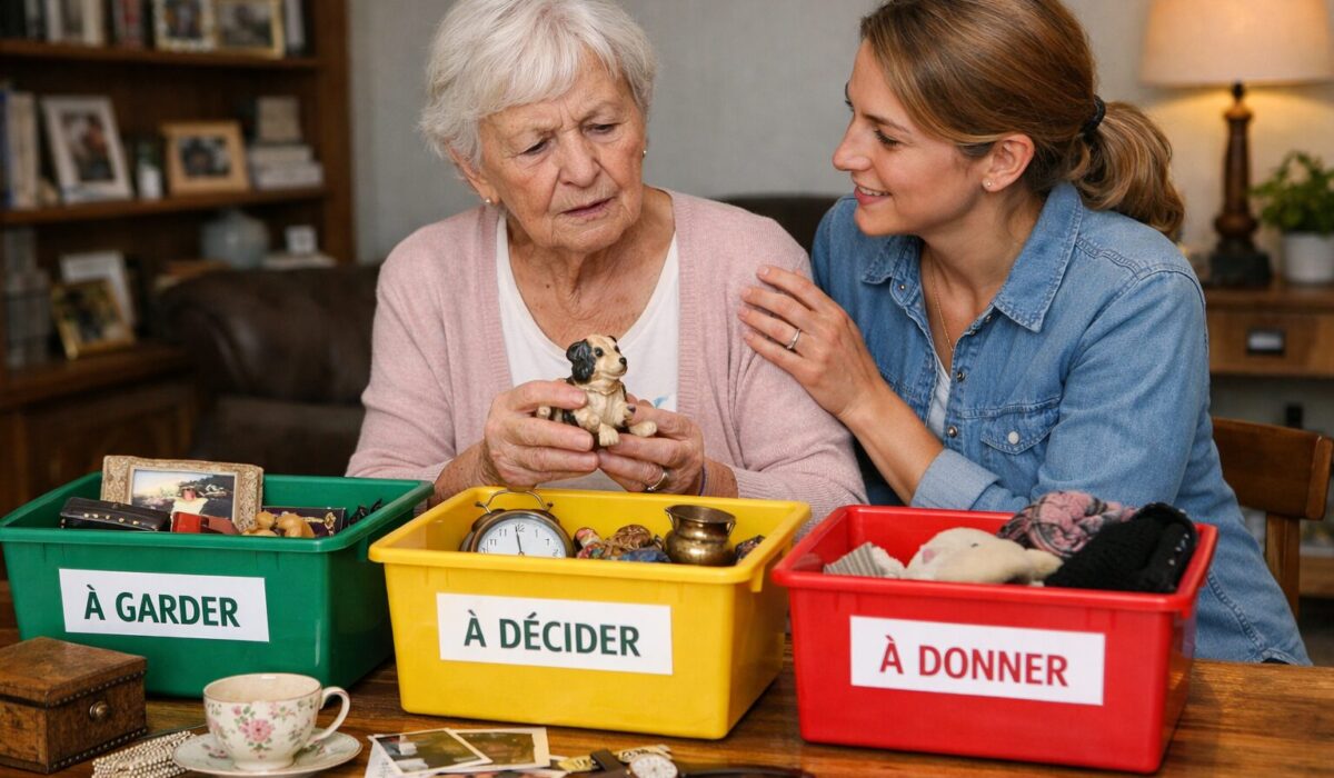 Femme âgée et proche aidante en train de trier des objets du quotidien avec des bacs à garder, à décider et à donner