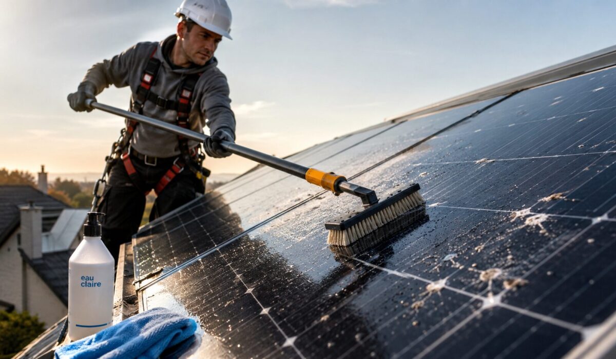 Technicien nettoyant délicatement des fientes de pigeons sur des panneaux solaires avec une brosse douce et de l’eau claire pour éviter les rayures