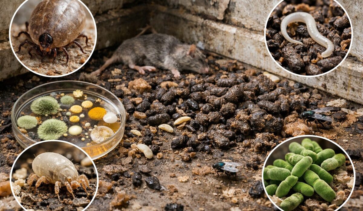 Parasites et bactéries dans un logement saturé de déjections animales, illustration réaliste des risques sanitaires