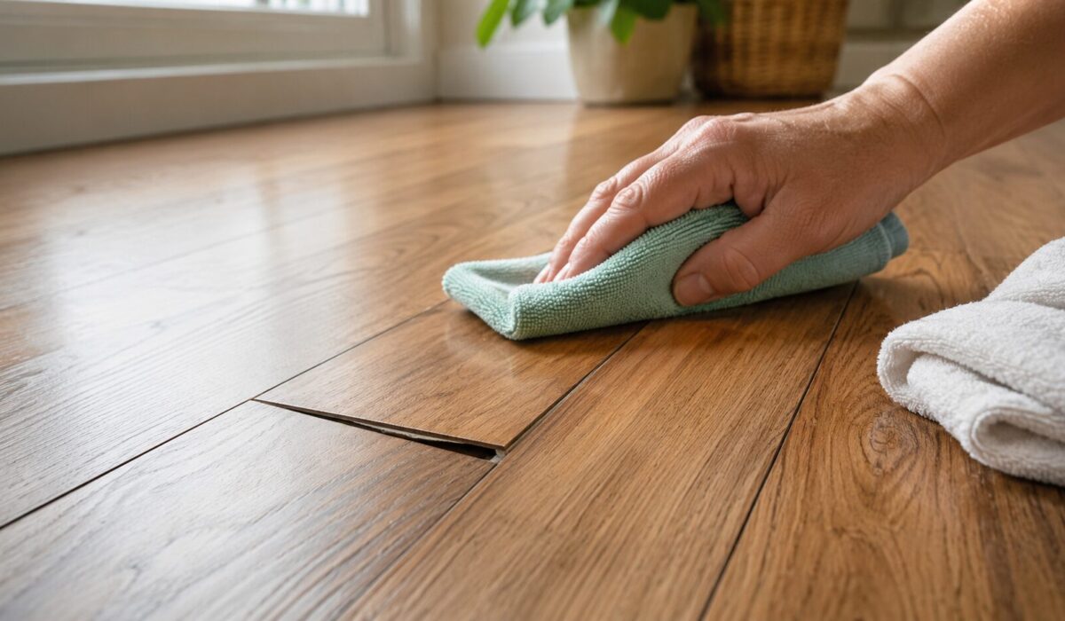 Main nettoyant délicatement un parquet collé qui se décolle avec un chiffon microfibre pour éviter d’aggraver les dégâts
