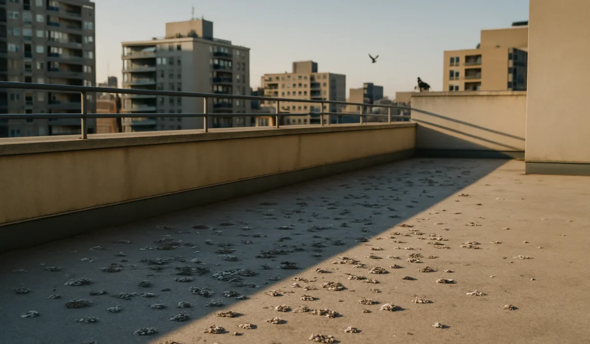 Terrasse d'immeuble avec fientes de pigeon et quelques pigeons visibles.