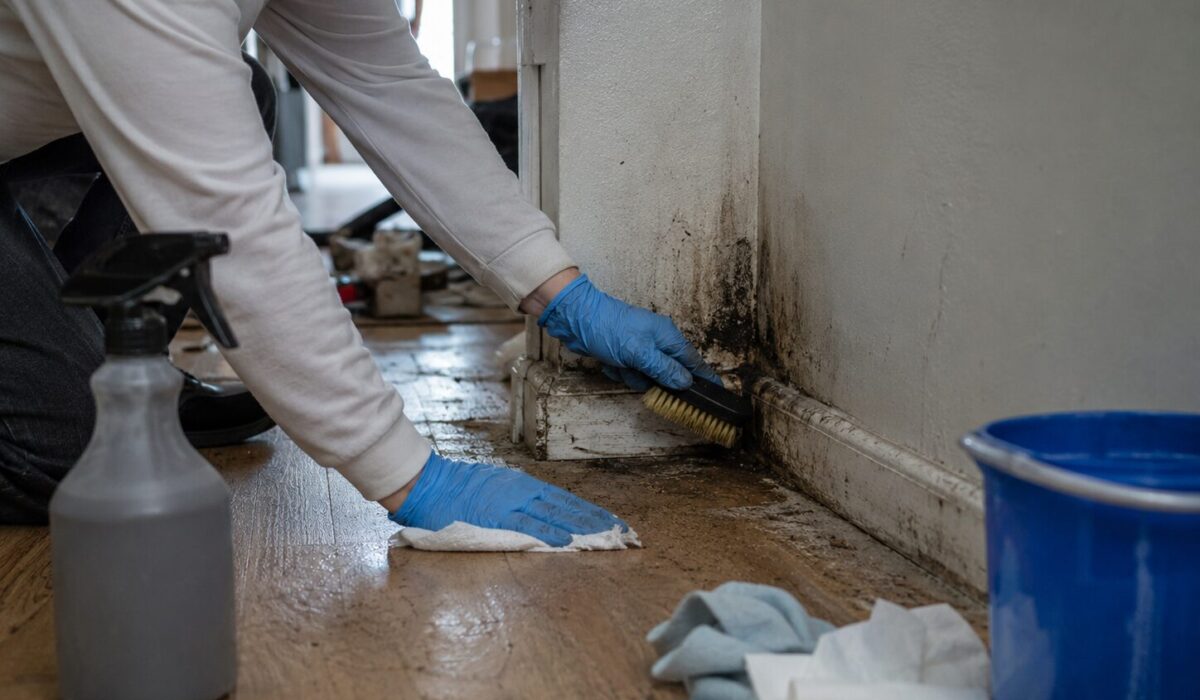 Personne équipée de gants nettoyant une plinthe et un coin noir touchés par un biofilm dans un logement en incurie.